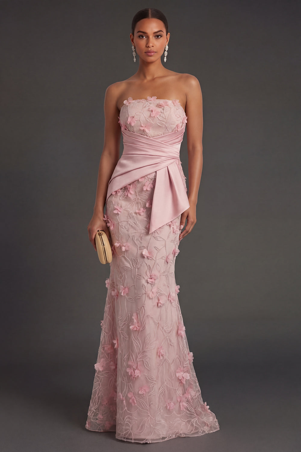 Floral Appliqued Sheath Ruched Strapless Backless Pink Long Formal Dress