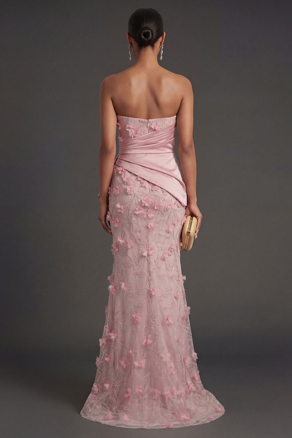 Floral Appliqued Sheath Ruched Strapless Backless Pink Long Formal Dress