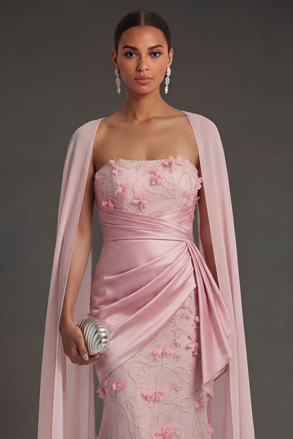 Floral Appliqued Sheath Ruched Strapless Backless Pink Long Formal Dress