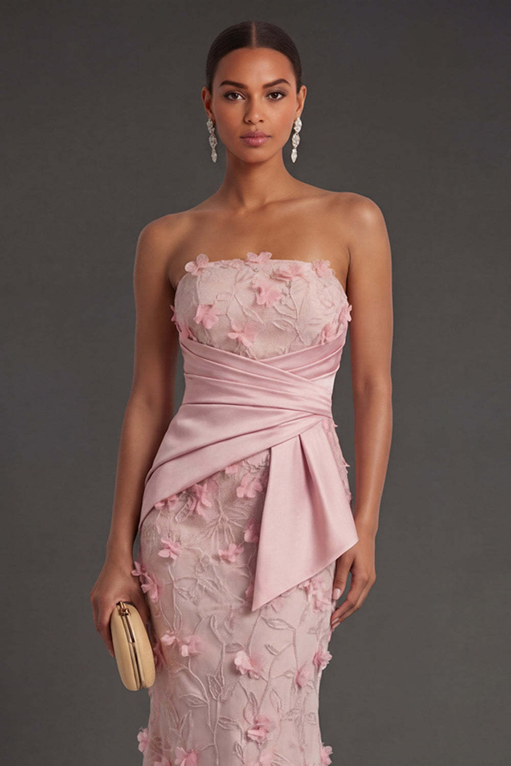Floral Appliqued Sheath Ruched Strapless Backless Pink Long Formal Dress