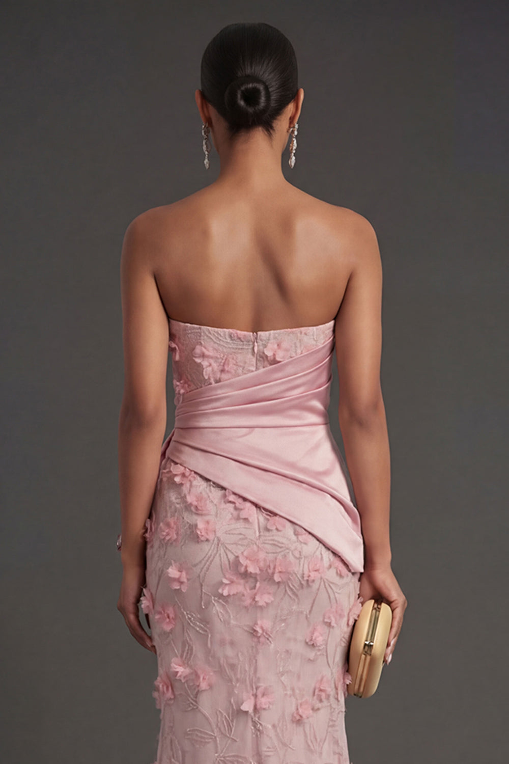 Floral Appliqued Sheath Ruched Strapless Backless Pink Long Formal Dress