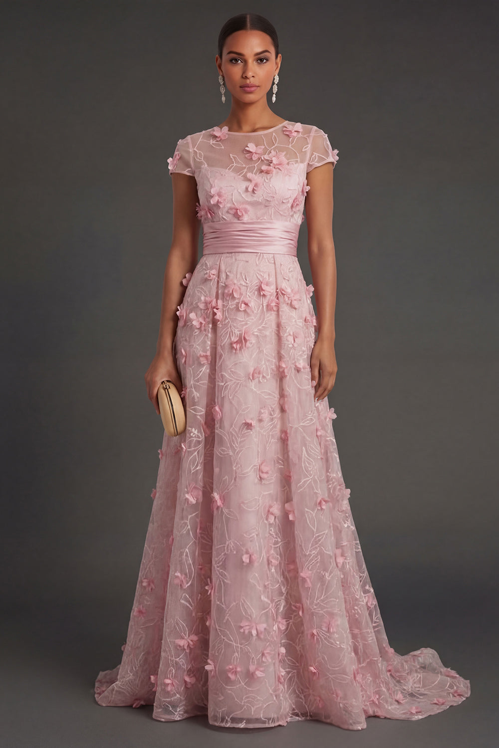 A Line Pink Floral Illusion Neck Appliqued Long Formal Dress