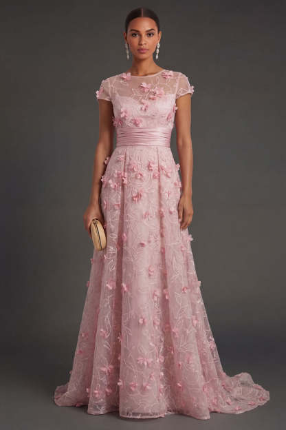 Leely Women A Line Pink Floral Appliqued Long Formal Dress Illusion Neck Short Sleeves Wedding Guest Dress