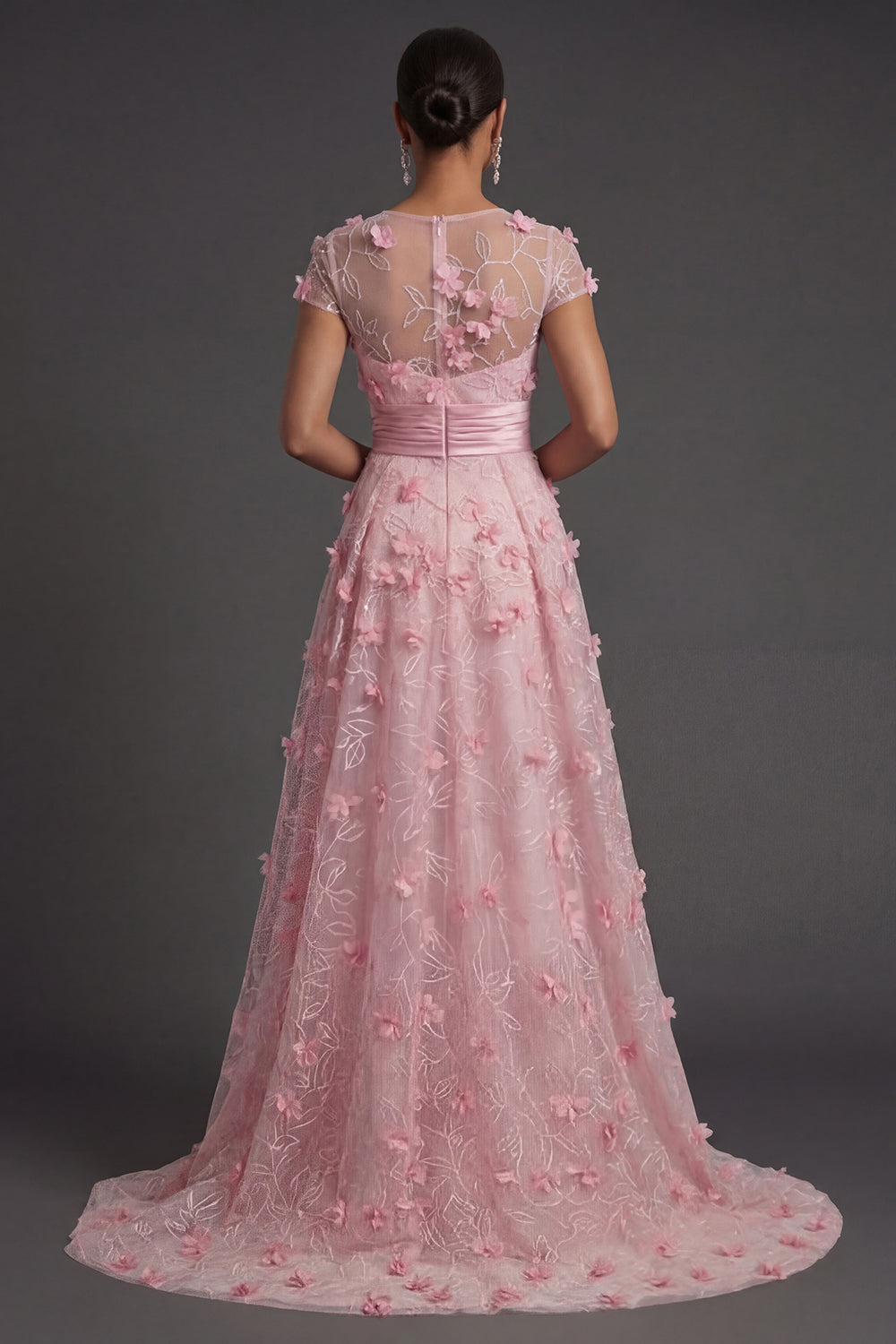 A Line Pink Floral Illusion Neck Appliqued Long Formal Dress