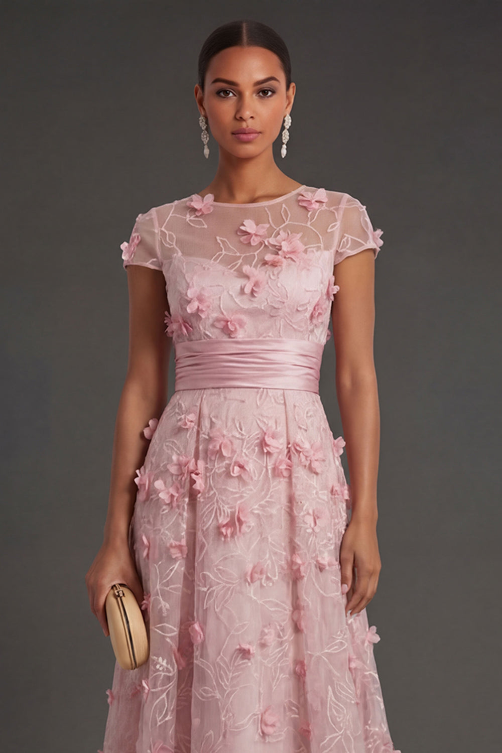 A Line Pink Floral Illusion Neck Appliqued Long Formal Dress