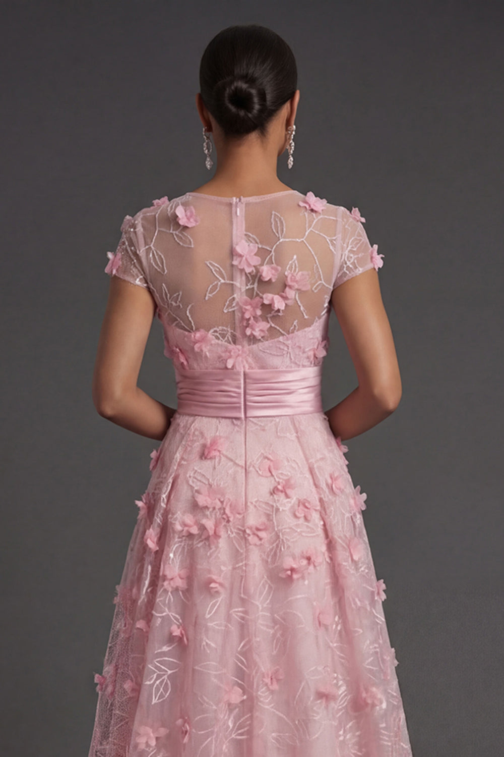 A Line Pink Floral Illusion Neck Appliqued Long Formal Dress