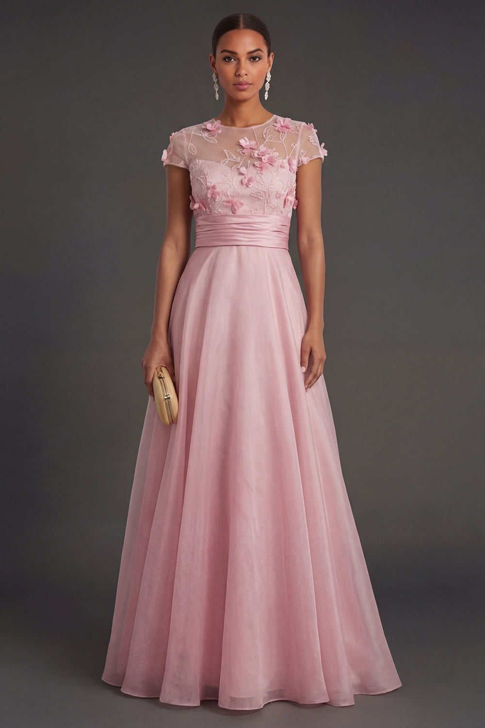 Leely Women A Line Pink Floral Appliqued Long Formal Dress Illusion Neck Short Sleeves Wedding Guest Dress