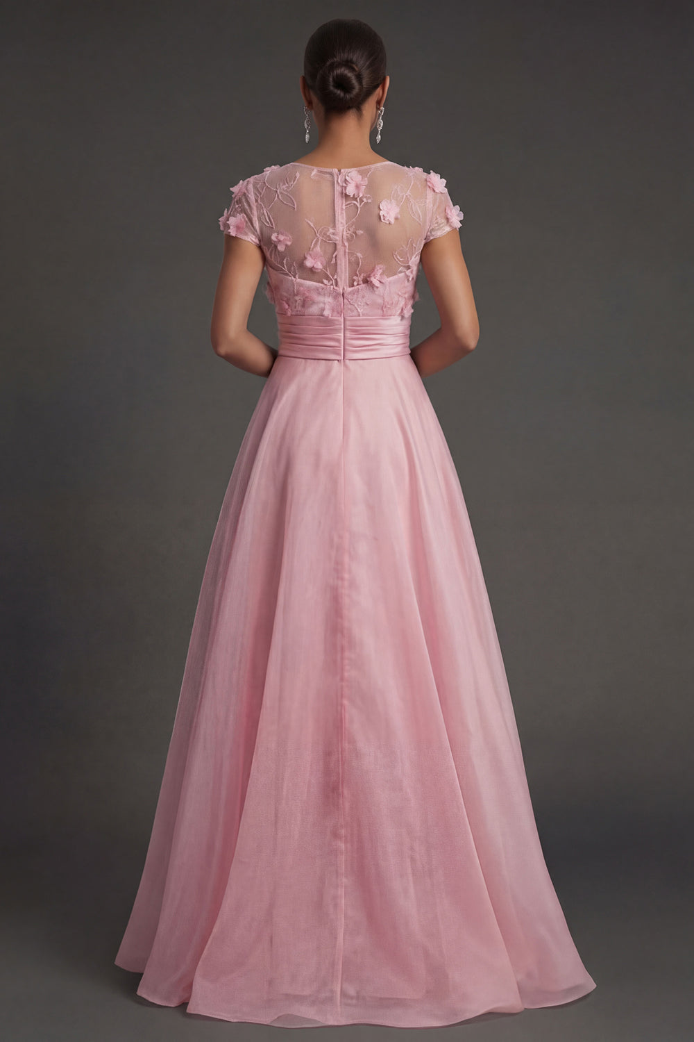A Line Pink Floral Appliqued Long Illusion Neck Formal Dress