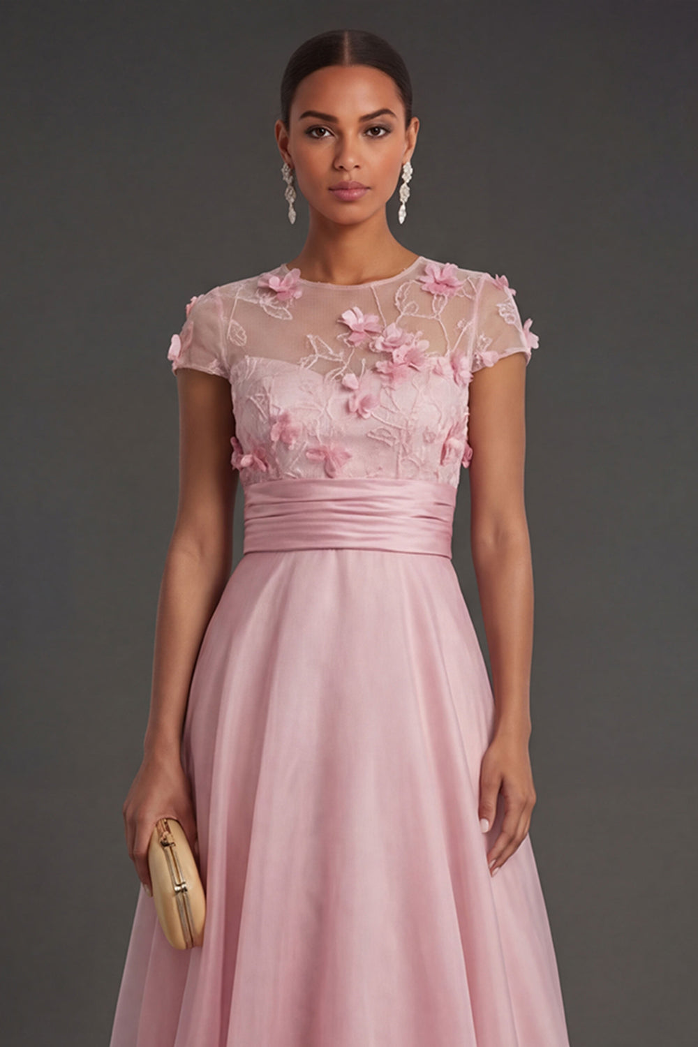 A Line Pink Floral Appliqued Long Illusion Neck Formal Dress