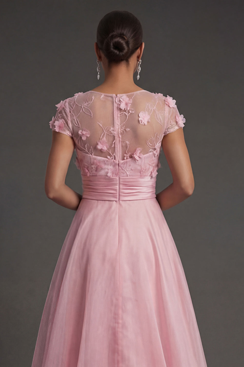 A Line Pink Floral Appliqued Long Illusion Neck Formal Dress