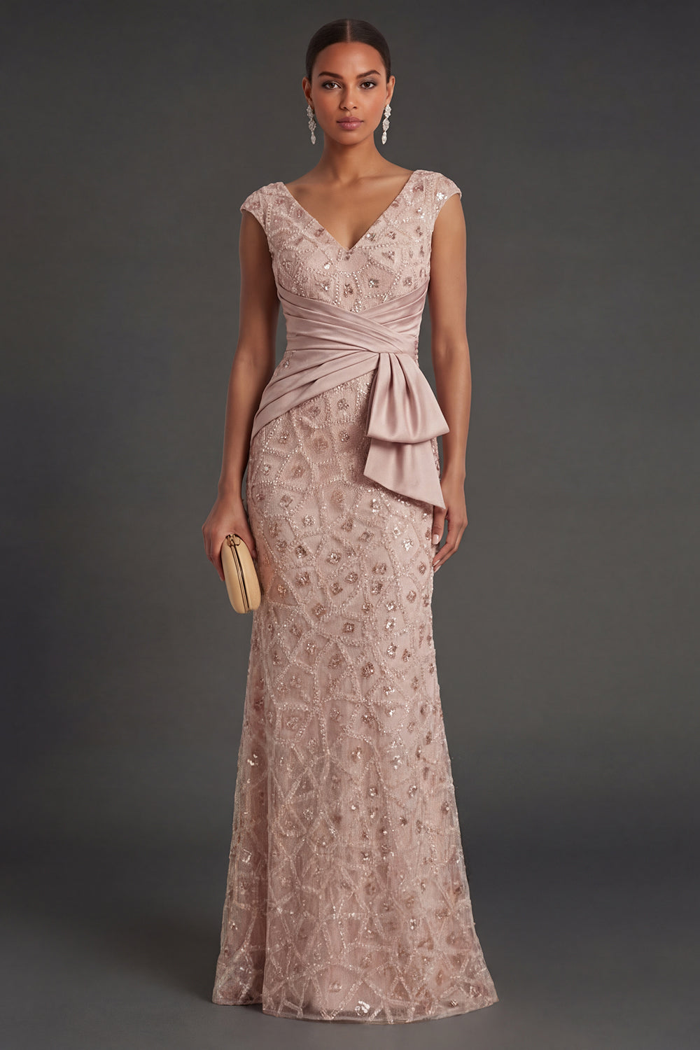 Leely Women Blush Sparkly Beaded Sheath Ruched Long Formal Dress V Neck Beaded Wedding Guest Dress