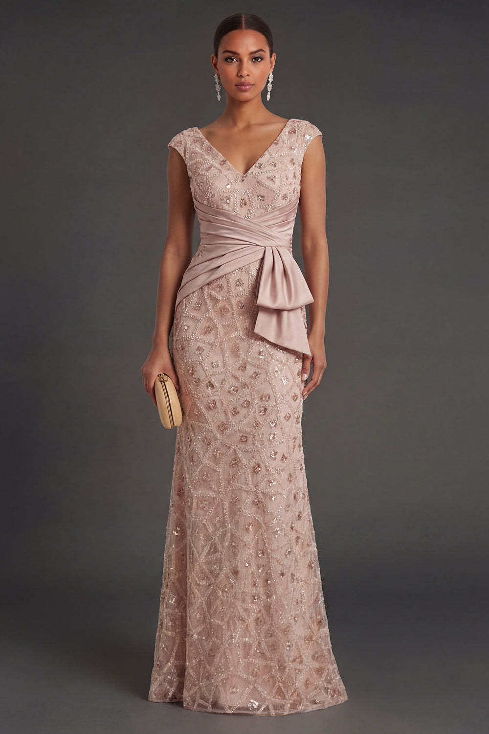 Leely Women Blush Sparkly Beaded Sheath Ruched Long Formal Dress V Neck Beaded Wedding Guest Dress