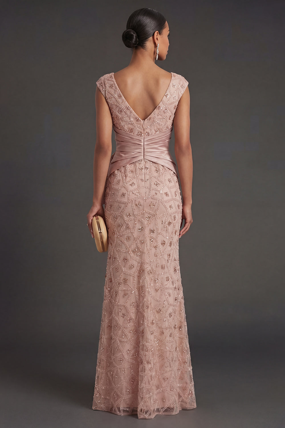 Blush Sparkly Beaded Sheath V Neck Ruched Long Formal Dress