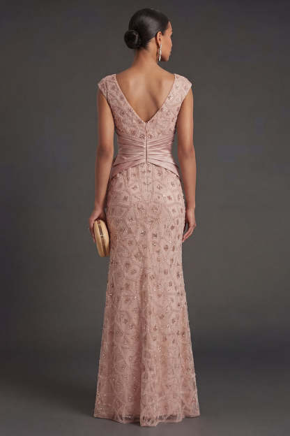 Blush Sparkly Beaded Sheath V Neck Ruched Long Formal Dress