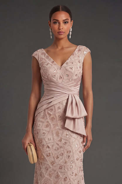 Blush Sparkly Beaded Sheath V Neck Ruched Long Formal Dress