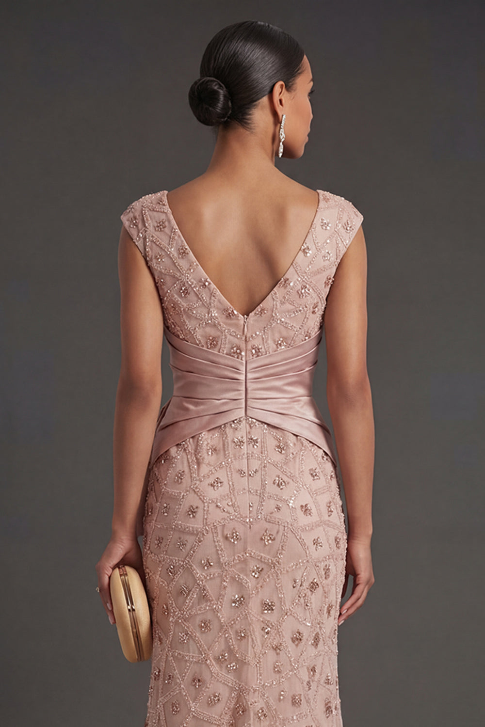 Blush Sparkly Beaded Sheath V Neck Ruched Long Formal Dress