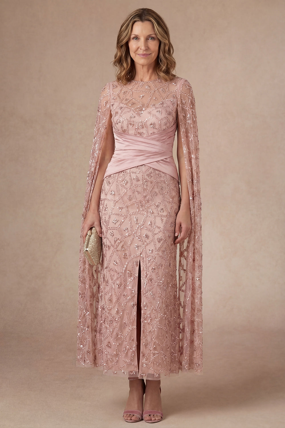 Sparkly Blush Beaded Illusion Neck Appliqued Long Mother of the Bride Dress with Slit