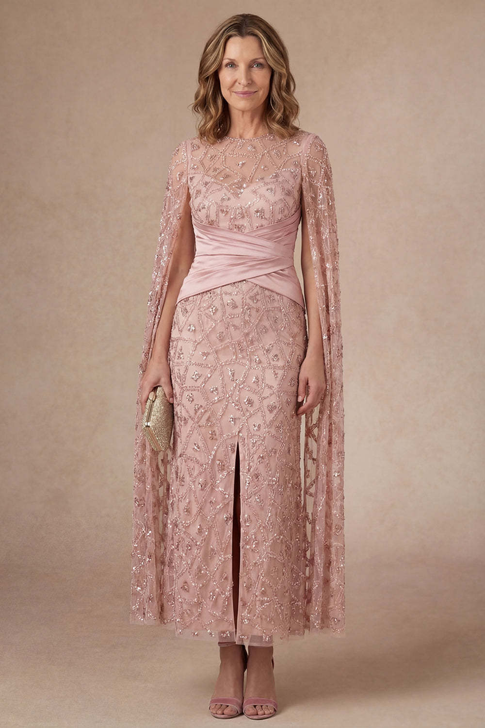 Leely Women Sparkly Blush Beaded Illusion Neck Long Mother of the Bride Dress with Slit Appliqued Sleeveless Wedding Guest Dress