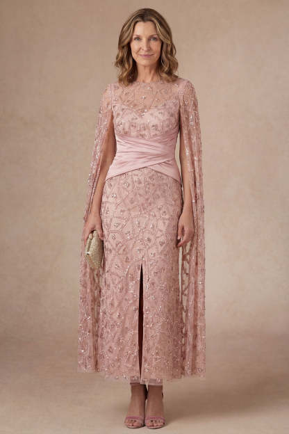 Leely Women Sparkly Blush Beaded Illusion Neck Long Mother of the Bride Dress with Slit Appliqued Sleeveless Wedding Guest Dress