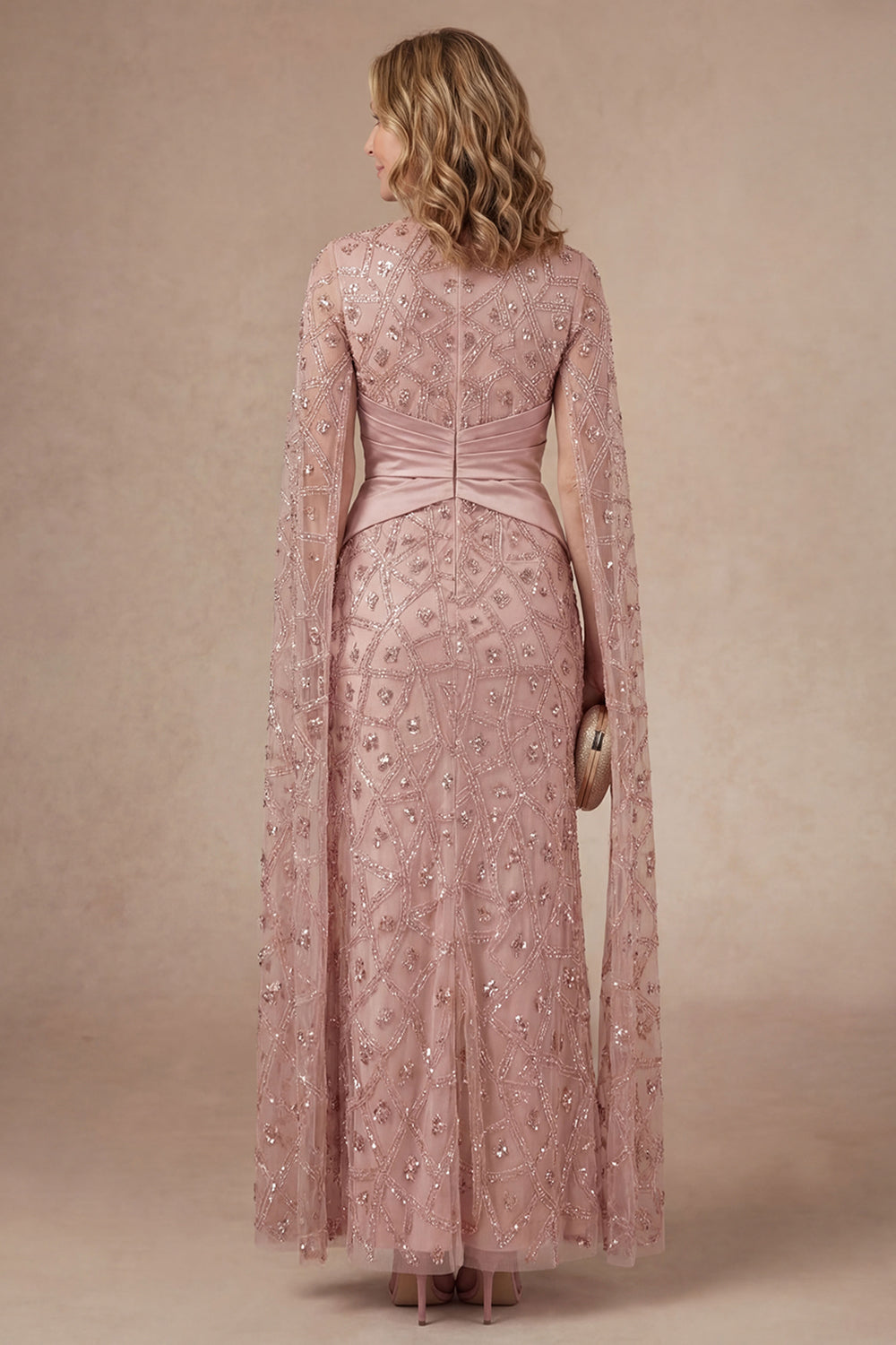 Sparkly Blush Beaded Illusion Neck Appliqued Long Mother of the Bride Dress with Slit