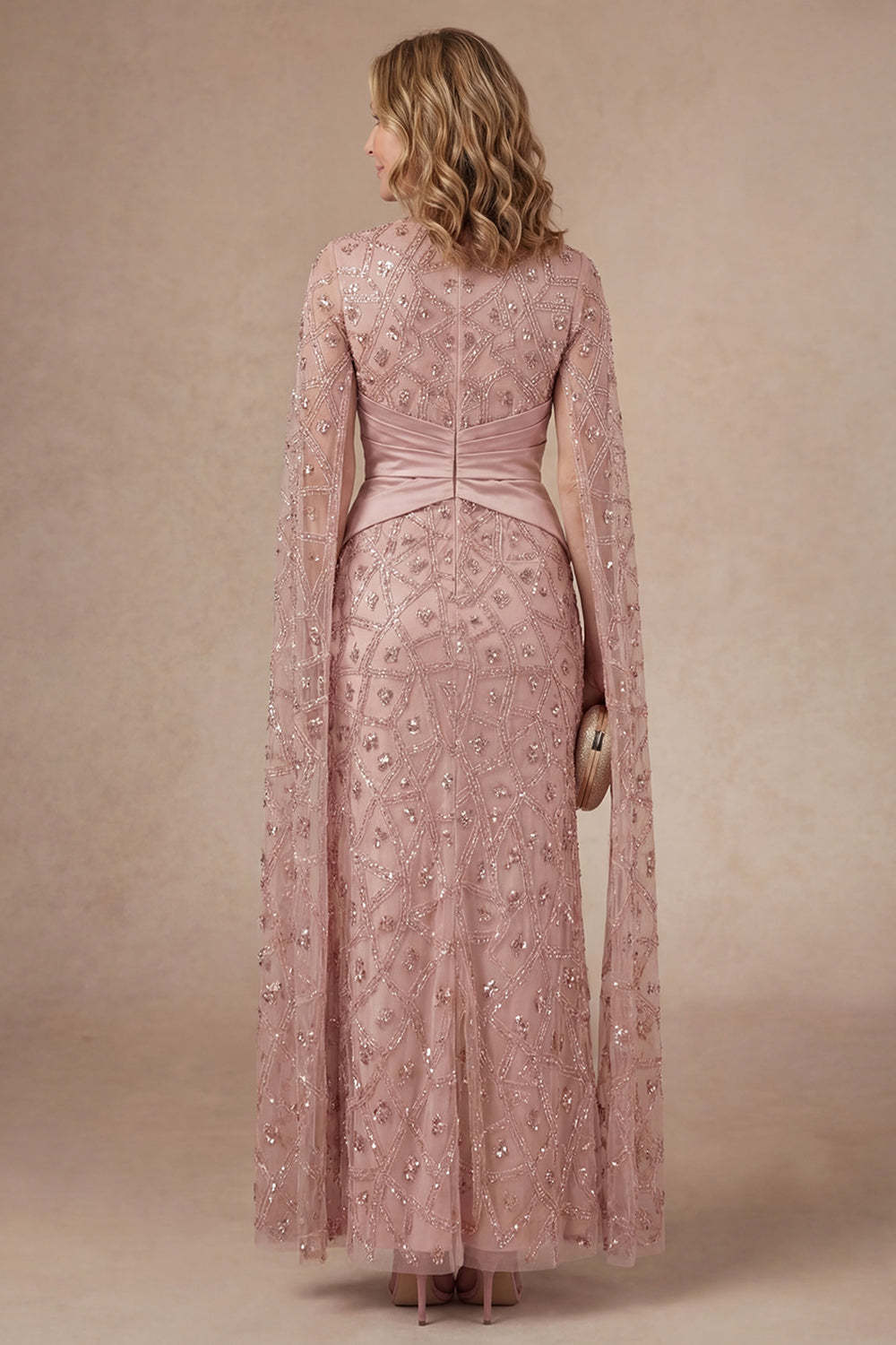 Sparkly Blush Beaded Illusion Neck Appliqued Long Mother of the Bride Dress with Slit