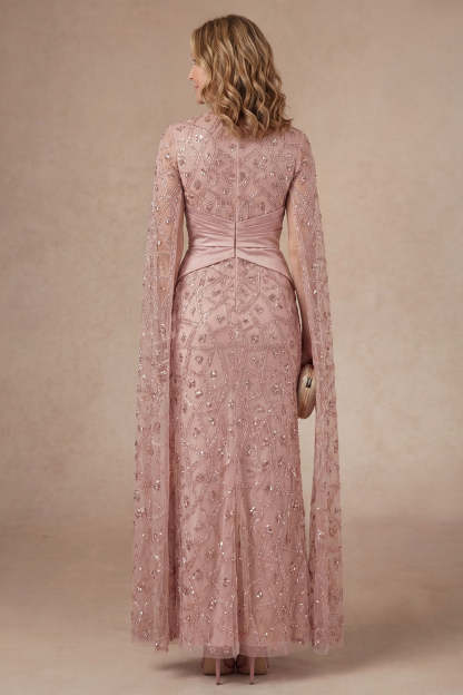 Sparkly Blush Beaded Illusion Neck Appliqued Long Mother of the Bride Dress with Slit