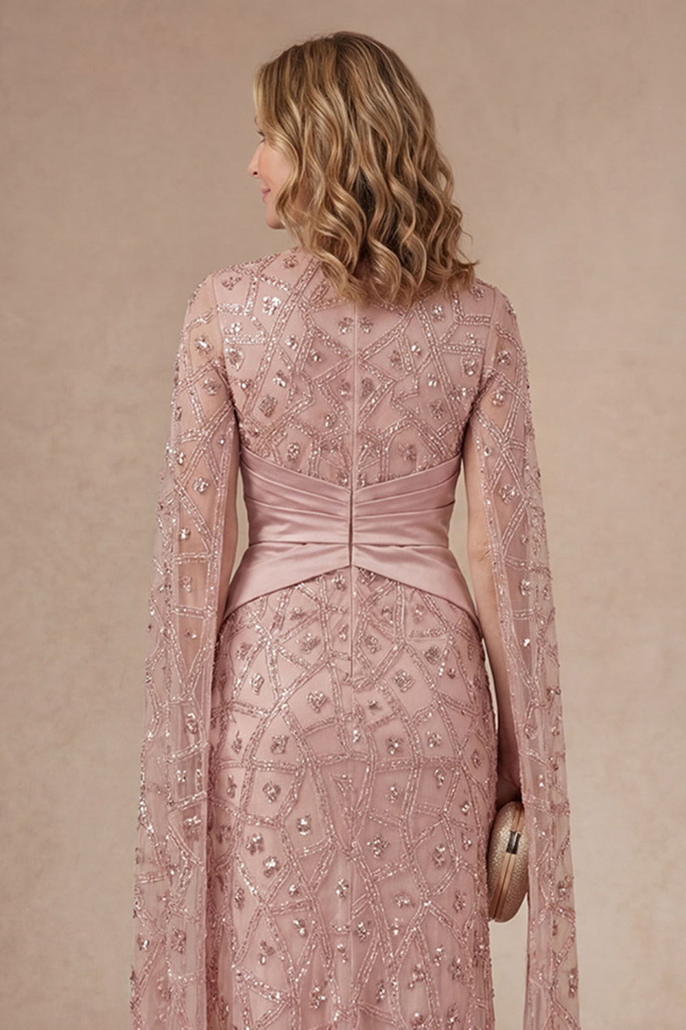 Sparkly Blush Beaded Illusion Neck Appliqued Long Mother of the Bride Dress with Slit