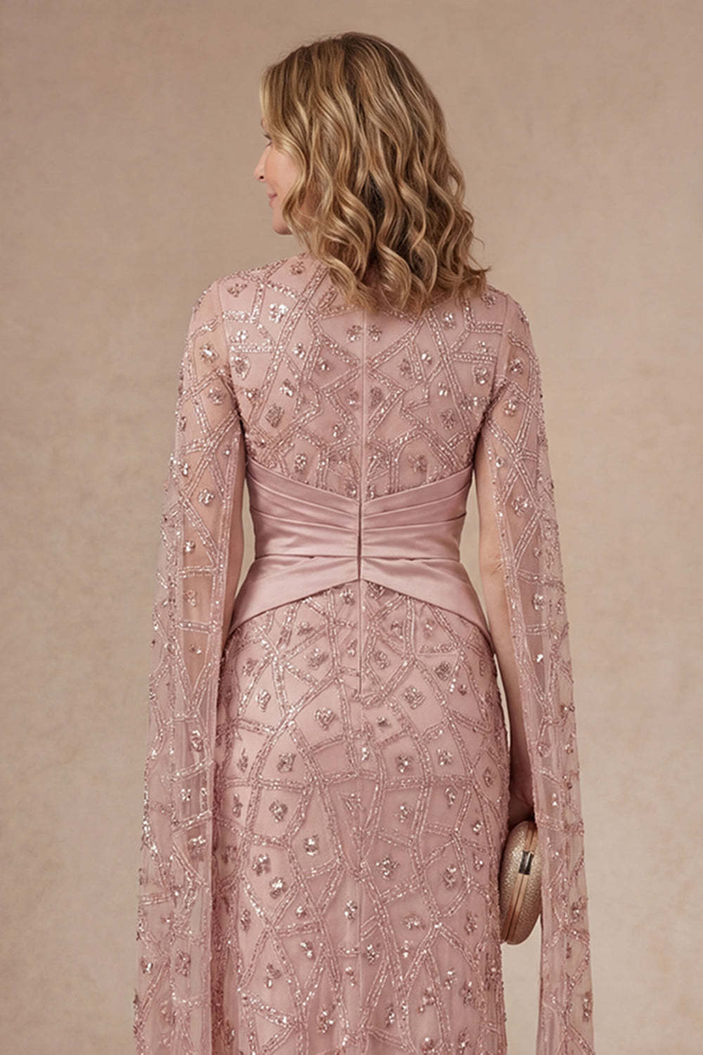 Sparkly Blush Beaded Illusion Neck Appliqued Long Mother of the Bride Dress with Slit