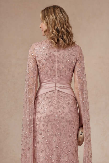 Sparkly Blush Beaded Illusion Neck Appliqued Long Mother of the Bride Dress with Slit