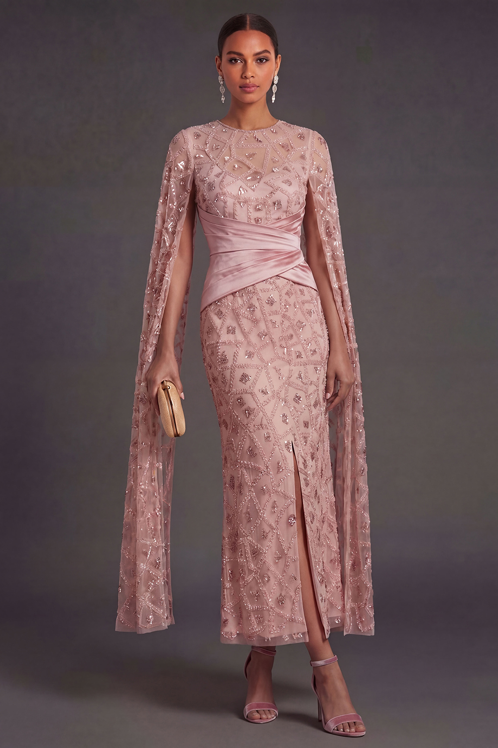 Sparkly Blush Beaded Illusion Neck Appliqued Long Formal Dress with Slit