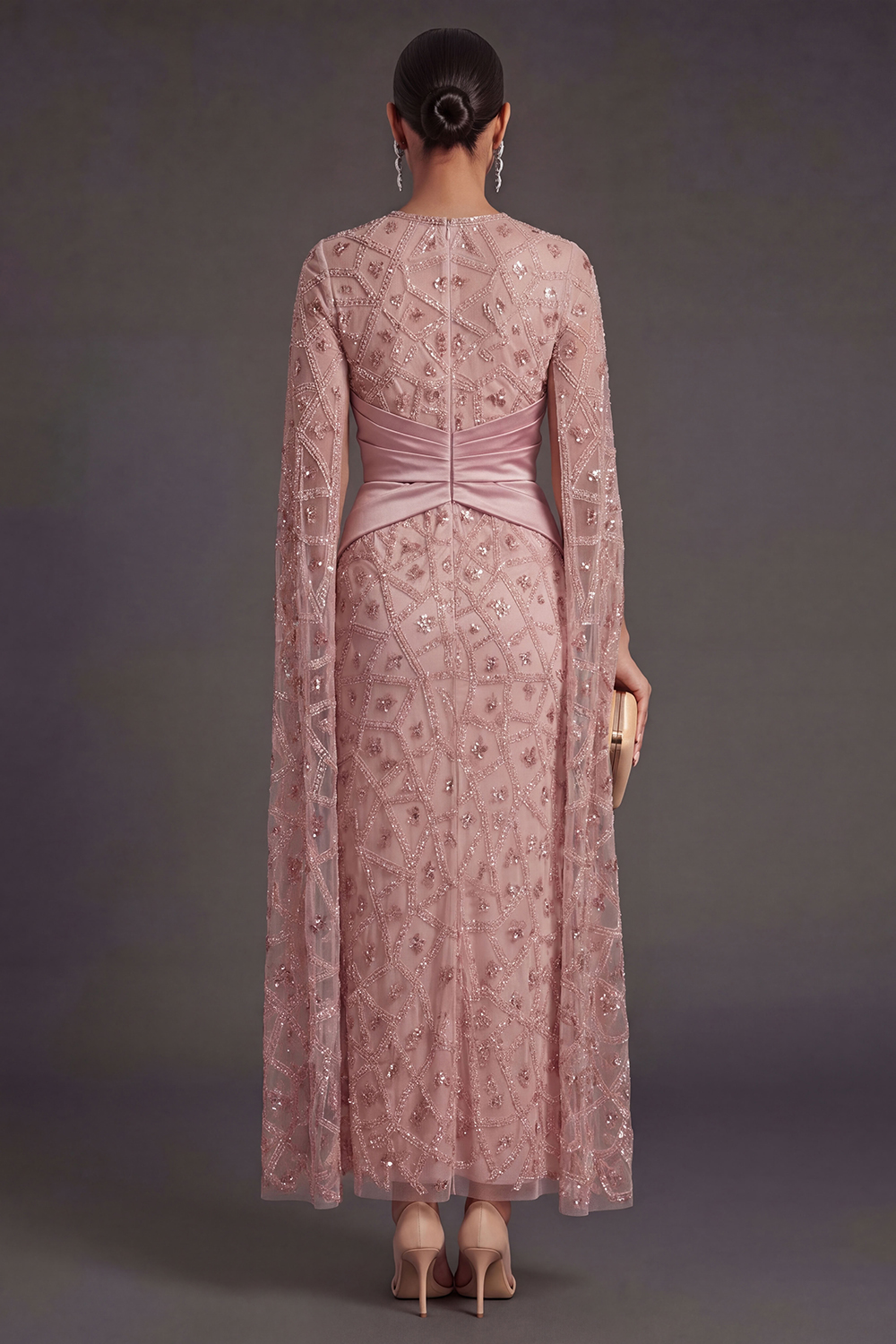 Sparkly Blush Beaded Illusion Neck Appliqued Long Formal Dress with Slit