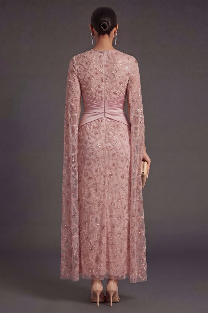 Sparkly Blush Beaded Illusion Neck Appliqued Long Formal Dress with Slit