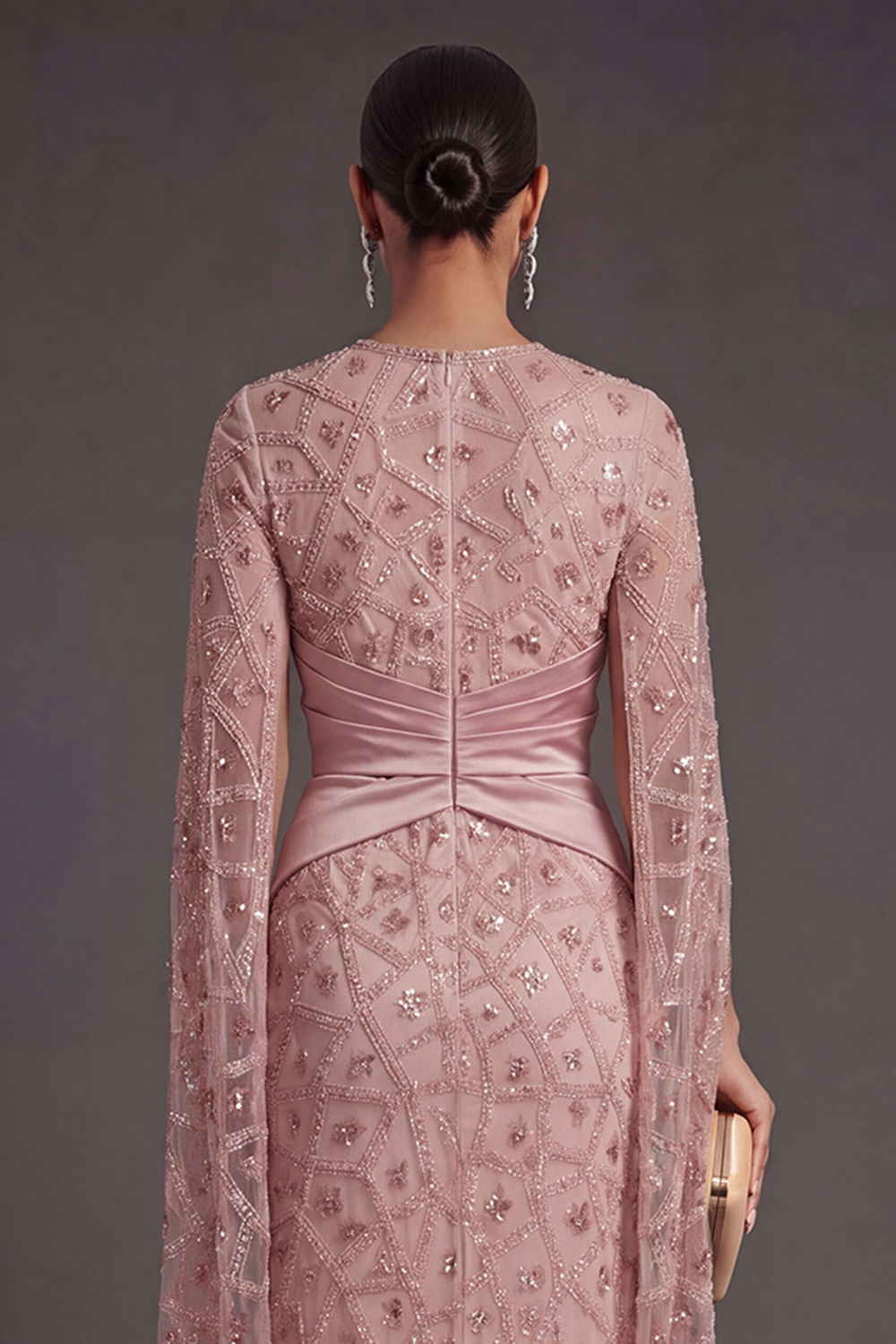 Sparkly Blush Beaded Illusion Neck Appliqued Long Formal Dress with Slit