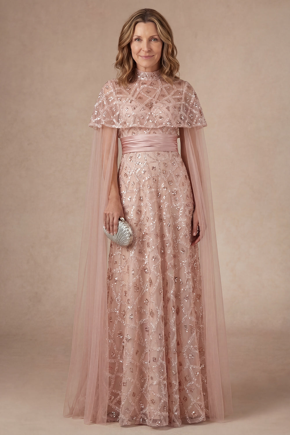 Leely Women Sparkly Blush Strapless Long Mother of the Bride Dress with Cape Appliqued Sequined Evening Dress