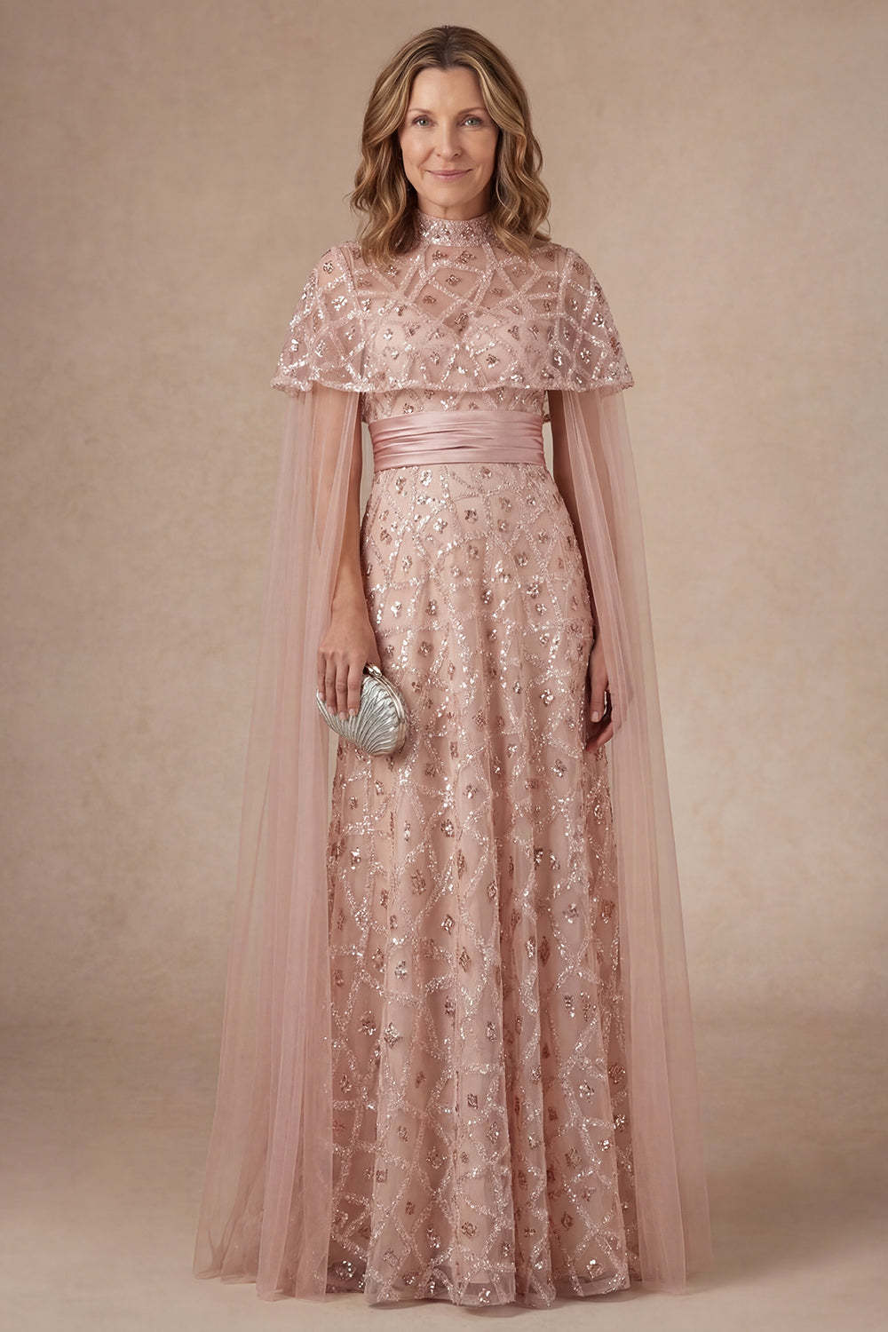 Leely Women Sparkly Blush Strapless Long Mother of the Bride Dress with Cape Appliqued Sequined Evening Dress