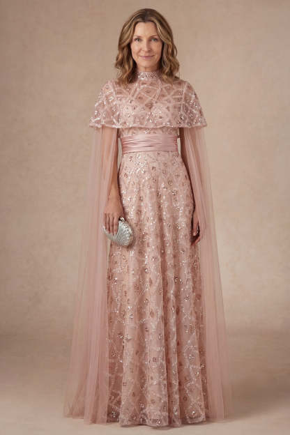 Leely Women Sparkly Blush Strapless Long Mother of the Bride Dress with Cape Appliqued Sequined Evening Dress