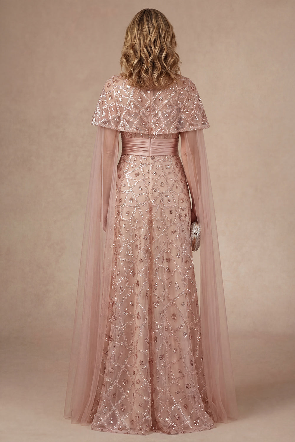 Sparkly Blush Strapless Appliqued Sequined Long Mother of the Bride Dress with Cape