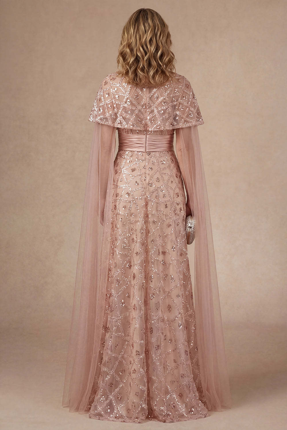 Sparkly Blush Strapless Appliqued Sequined Long Mother of the Bride Dress with Cape