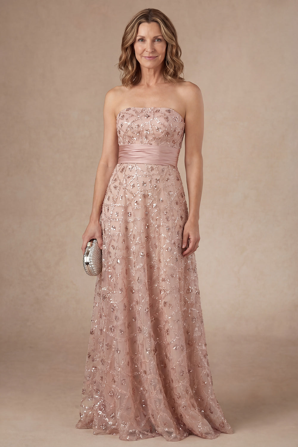 Sparkly Blush Strapless Appliqued Sequined Long Mother of the Bride Dress with Cape