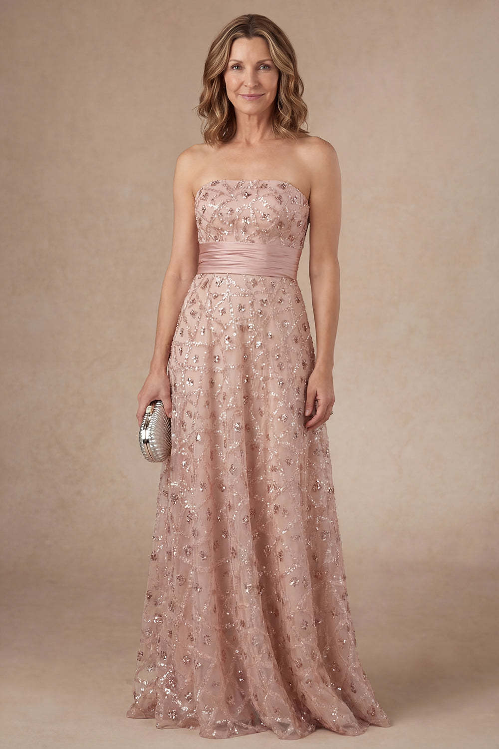 Sparkly Blush Strapless Appliqued Sequined Long Mother of the Bride Dress with Cape