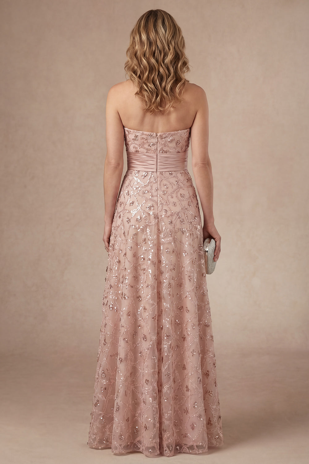 Sparkly Blush Strapless Appliqued Sequined Long Mother of the Bride Dress with Cape