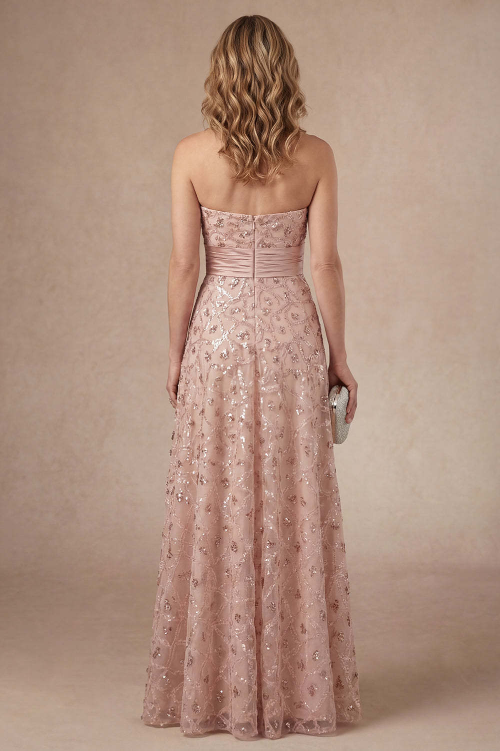 Sparkly Blush Strapless Appliqued Sequined Long Mother of the Bride Dress with Cape