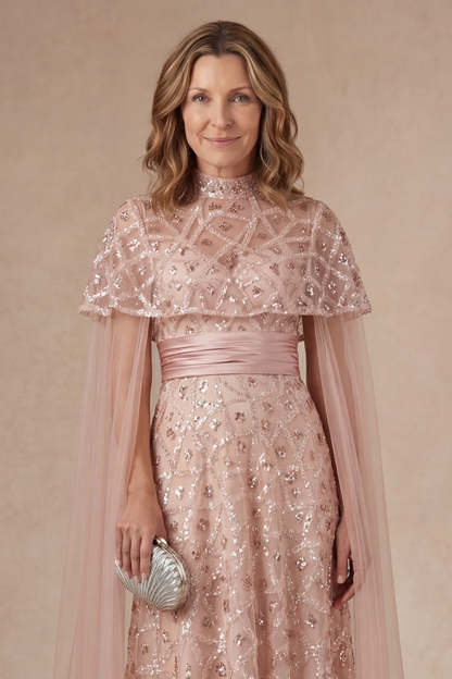 Sparkly Blush Strapless Appliqued Sequined Long Mother of the Bride Dress with Cape