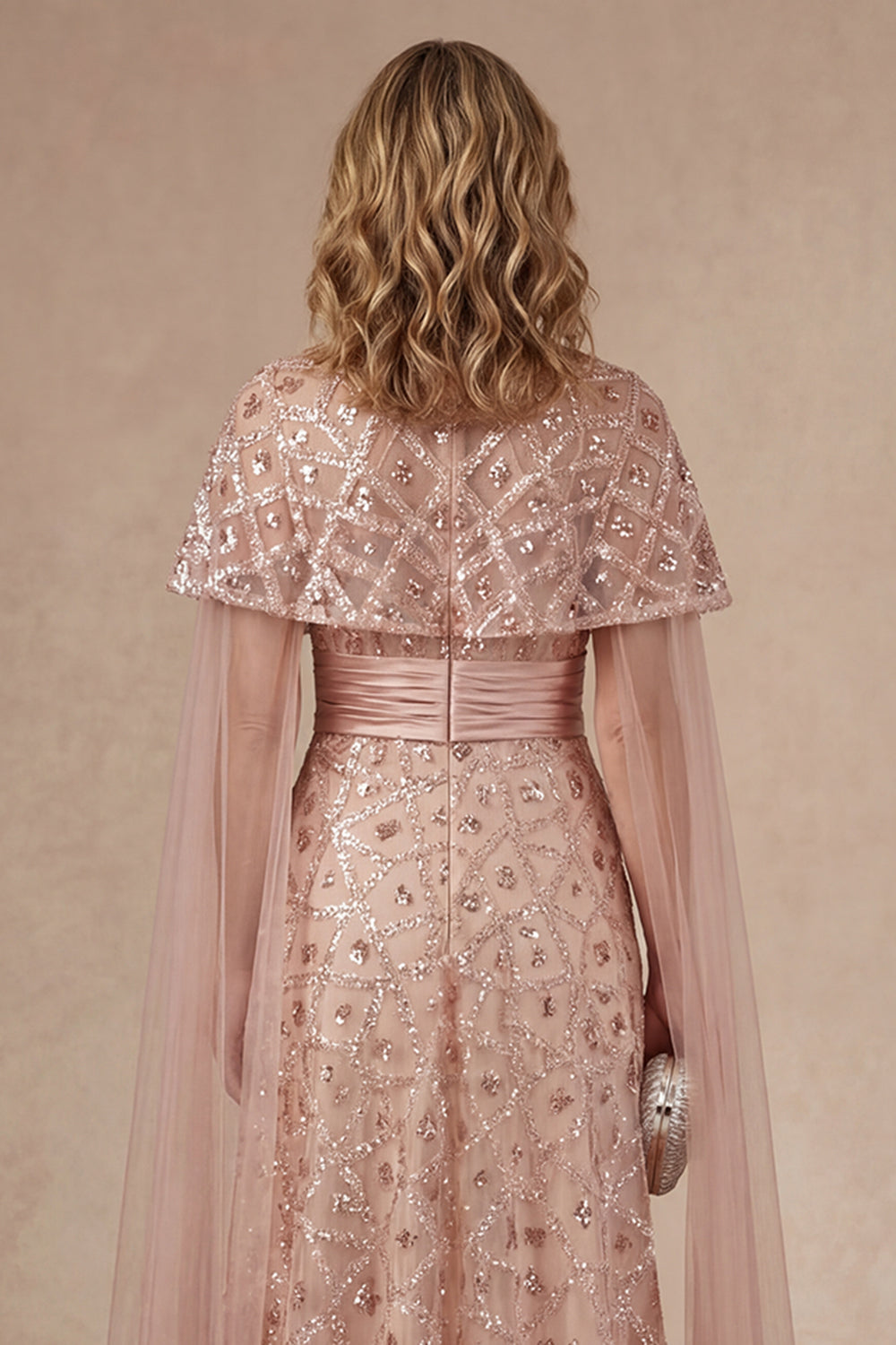 Sparkly Blush Strapless Appliqued Sequined Long Mother of the Bride Dress with Cape
