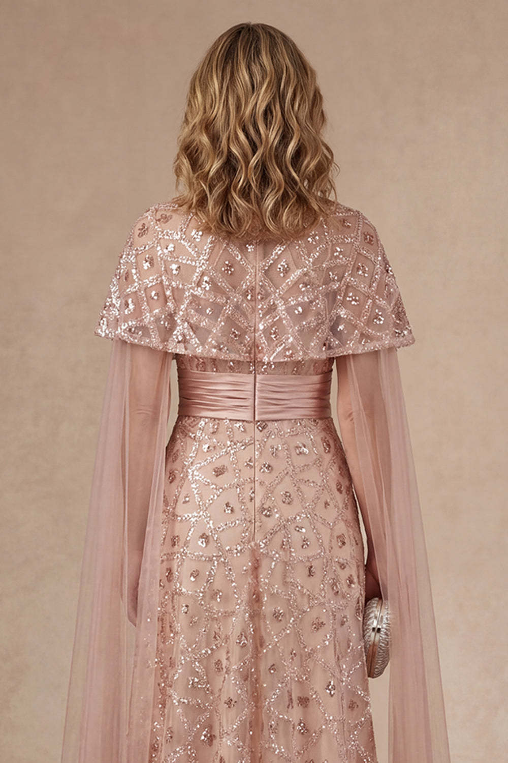 Sparkly Blush Strapless Appliqued Sequined Long Mother of the Bride Dress with Cape
