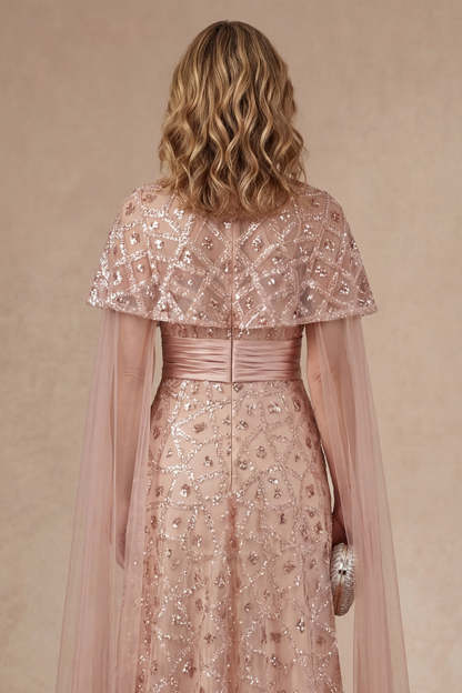 Sparkly Blush Strapless Appliqued Sequined Long Mother of the Bride Dress with Cape