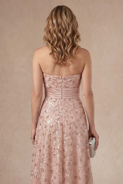 Sparkly Blush Strapless Appliqued Sequined Long Mother of the Bride Dress with Cape