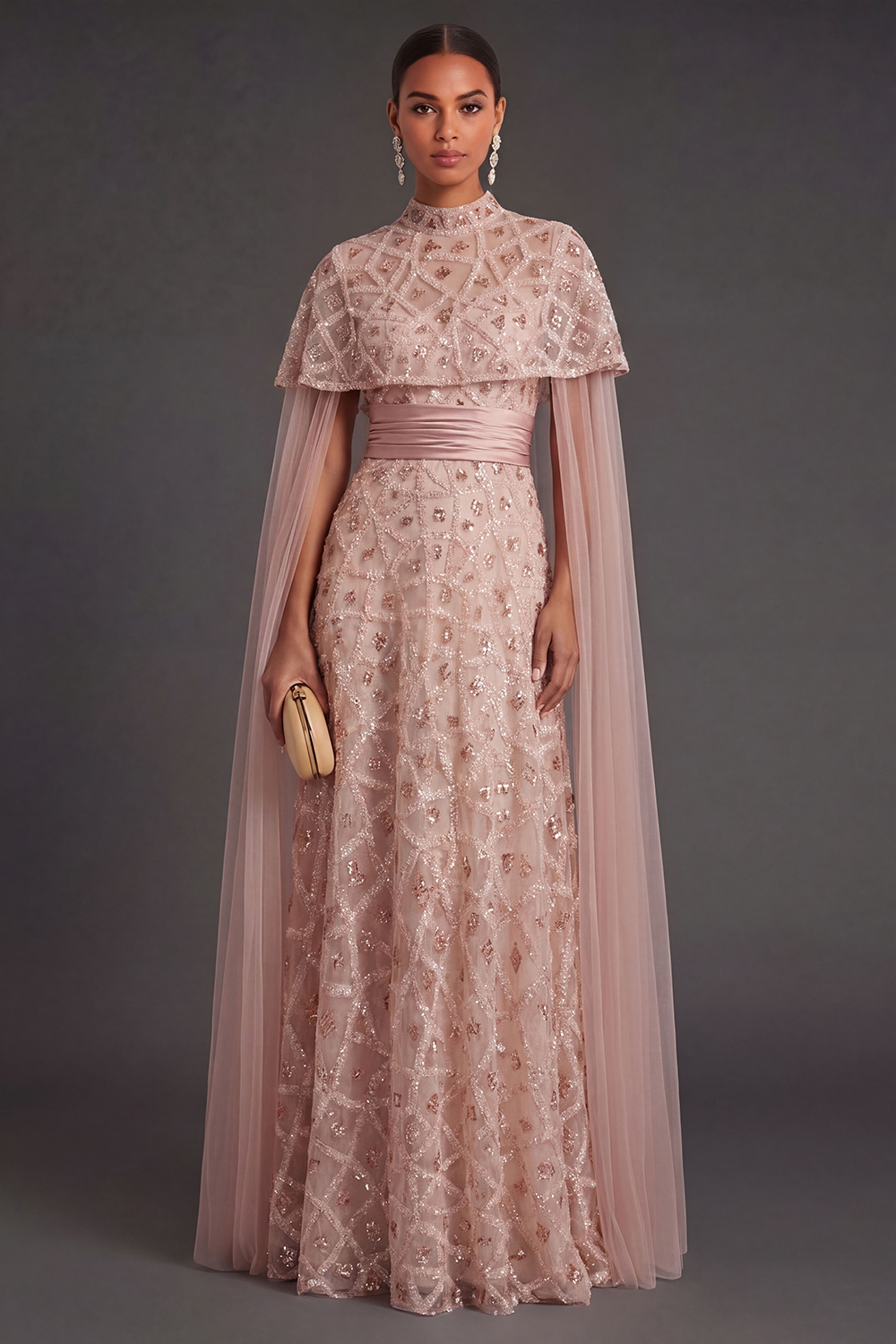 Sparkly Blush Strapless Appliqued Sequined Long Formal Dress with Cape