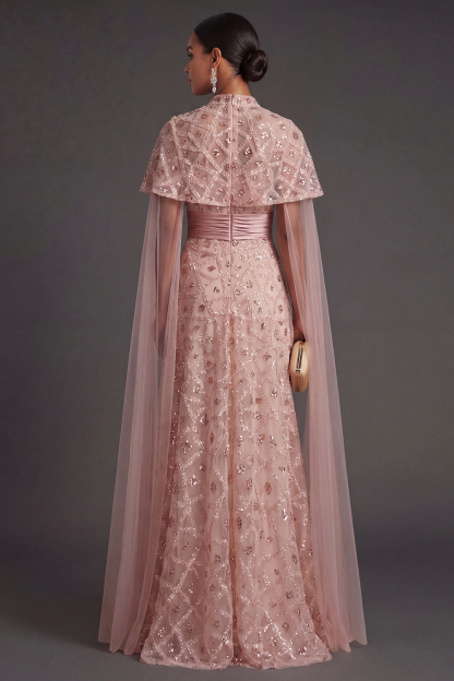 Sparkly Blush Strapless Appliqued Sequined Long Formal Dress with Cape