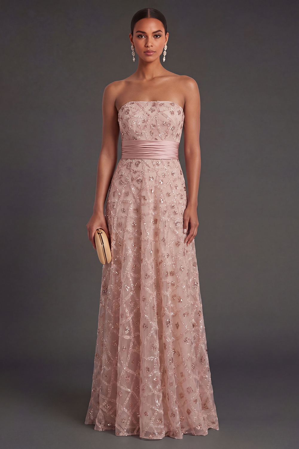 Sparkly Blush Strapless Appliqued Sequined Long Formal Dress with Cape